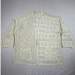 POL Women Cream Large Crocheted Open Front Cottagecore Cardigan Boho Layer Knit